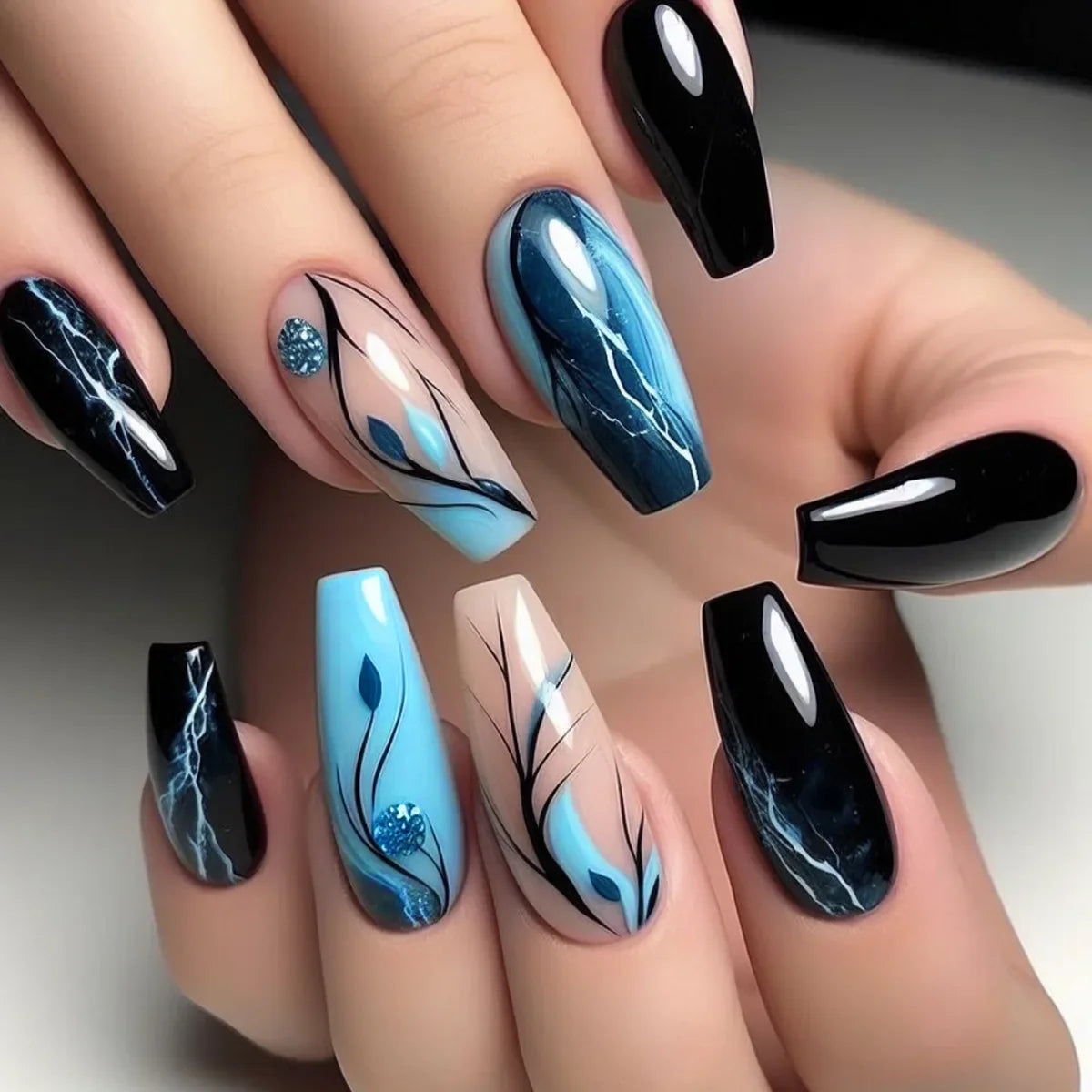 24Pcs White French Fake Nails with Glitter Rose Pattern Press on False Nails Gold Edge Line Design Artificial Nail Tips Art Long