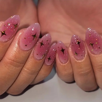24Pcs Simple Glitter Almond False Nails with Glue Ballerina Nail Design Sweet Cool French Detachable Press on Nail Manicure Tips
