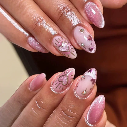24Pcs Simple Glitter Almond False Nails with Glue Ballerina Nail Design Sweet Cool French Detachable Press on Nail Manicure Tips