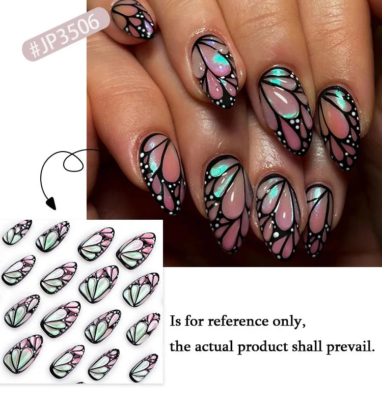 3D Butterfly Almond Nail Art Fashion Green Pearlescent Powder False Nails Detachable Finished Fake Nails Press on Nail with Glue