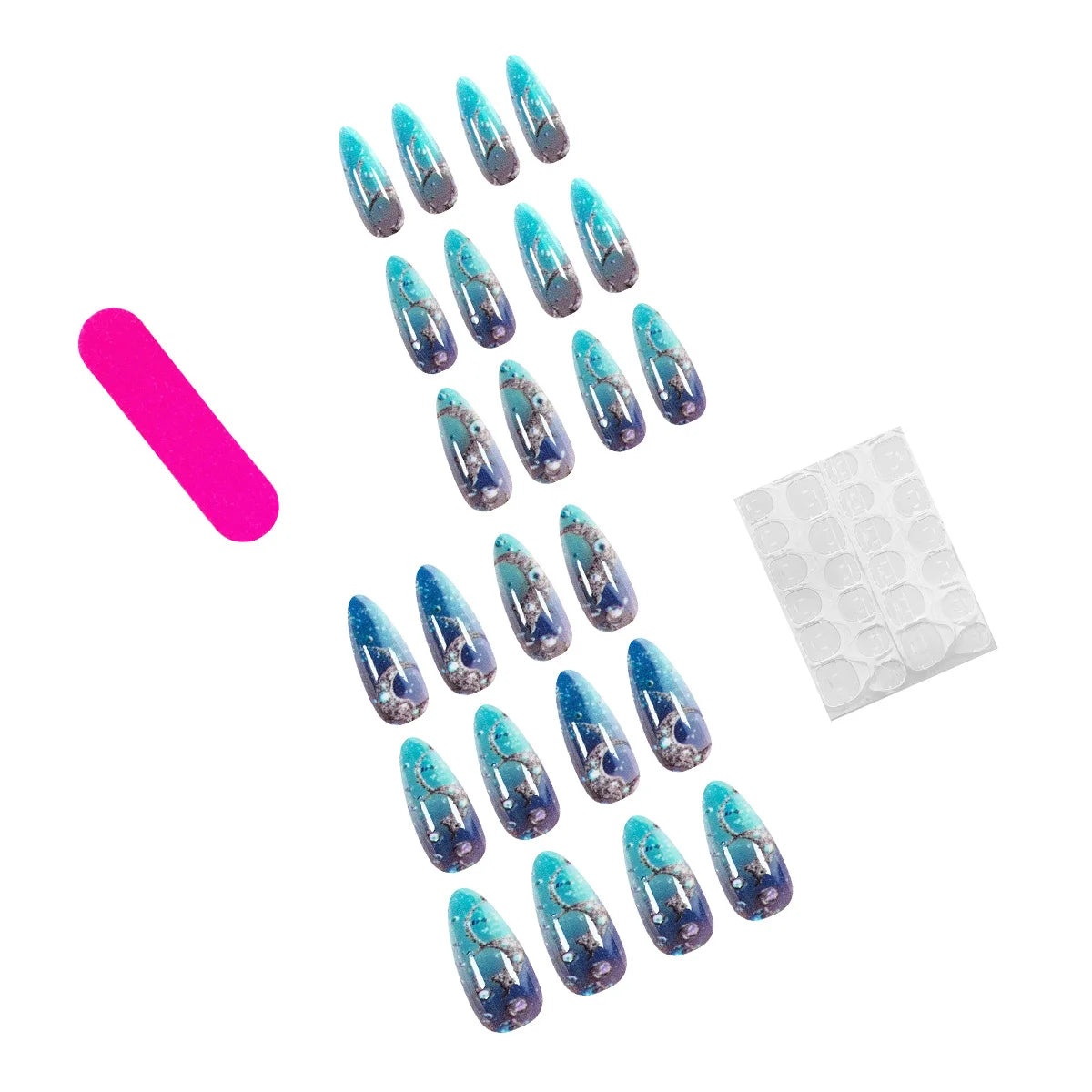 Medium fake nails for women gilrs gradient blue pink starry sky star moon Y2K design Almond nail tips press on false nail set