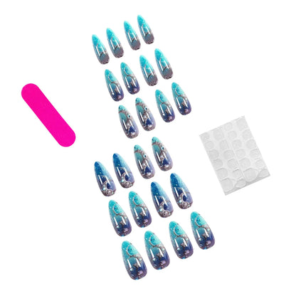 Medium fake nails for women gilrs gradient blue pink starry sky star moon Y2K design Almond nail tips press on false nail set