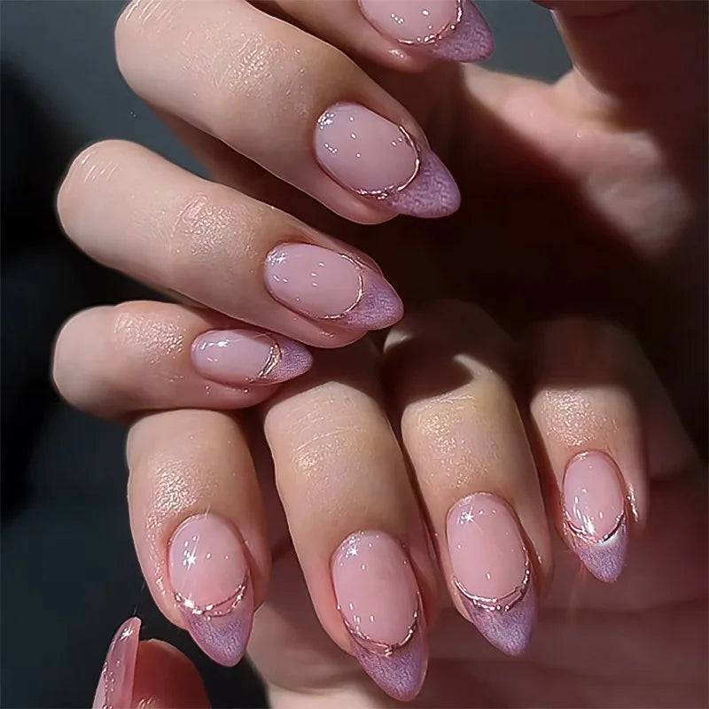 24pcs French Almond Fake Nails Gold Edge Glitter Press on Nails Swirl Metal Nail Art False Nail Full Cover Nail Tips False Nais