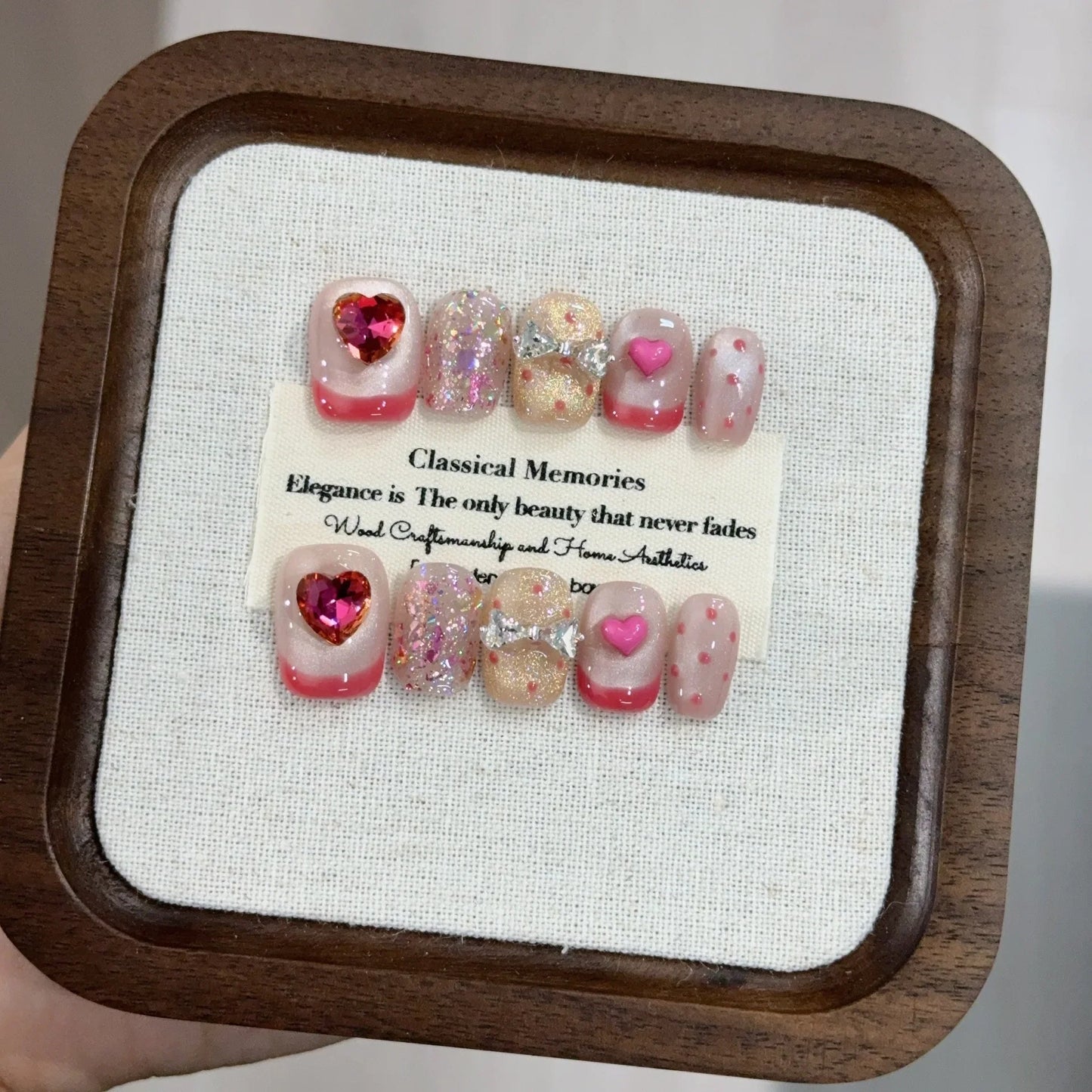 10pcs Pink Cat Eye Press on Nails 3D Glitter Diamond False Nails French Flower Fake Nails Handmade Nail Short Square Nail Art