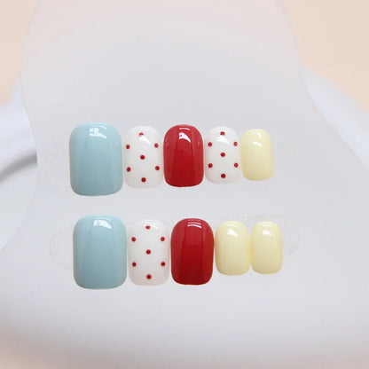 24pcs Retro Polka Press-On Nails - Cherry Red & Lake Blue Dots Short Round Shape (Multi Sizes) Coverage Nail Art Kit