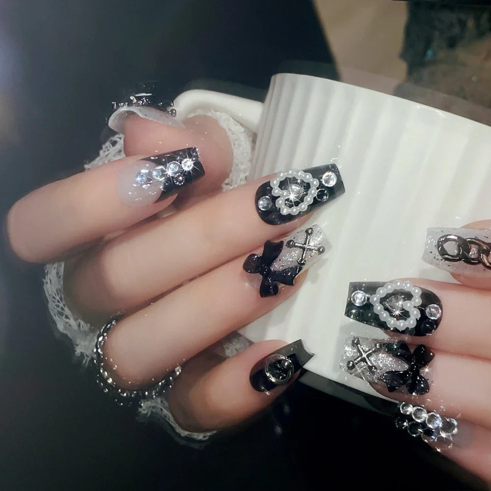 24Pcs 3D kuromi press on nails Y2K Cartoon Handmade Fake Nails Black Gel nail Wearable Nails Cinnamoroll Melody Anime False Nail