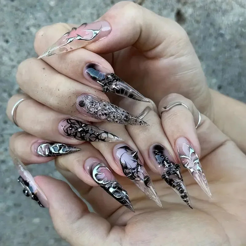 24Pcs Y2k Almond Acrylic Nails Full Cover 3D Diamond Black Nail Art Sweet Cool French Wearable Fake Nail Manicure Tips for Girls