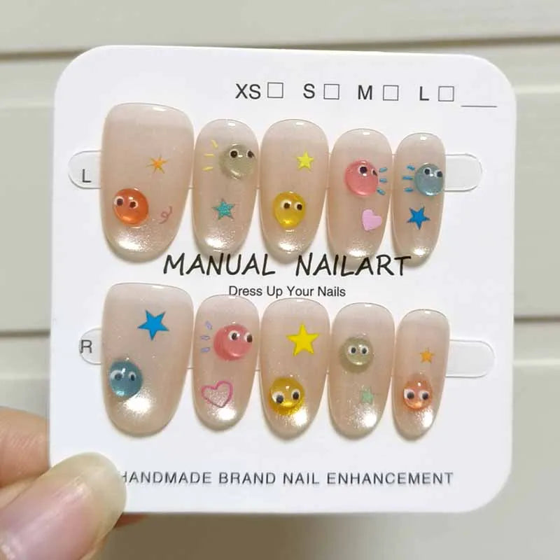 10Pcs French Style New Cute 3D Small Eyes Wearable Nails Patch Nail and Nail Accessories Press on Nails Detachable Nail Tips