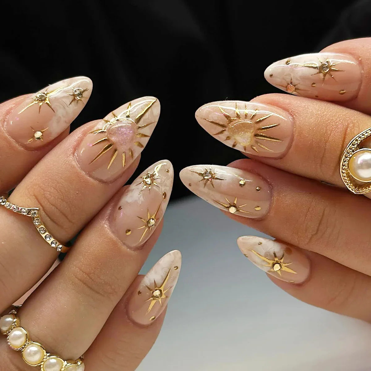 24Pcs Cyber Punk Style Almond False Nails Press on Pink Blush Full Cover Fake Nails 3D Ombre Wearable Acrylic Nail Manicure Tips