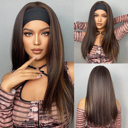 HENRY MARGU Women's Headband Wig Synthetic Hair Long Straight Brown Gloden Highlight Glueless Wigs for Black Women Machine Made