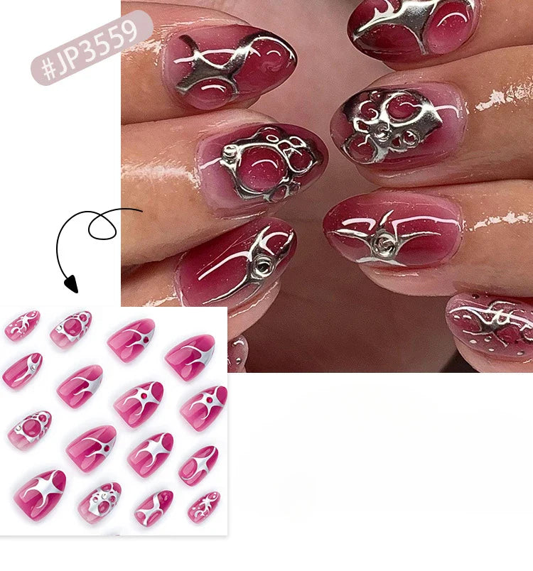 24Pcs Cyber Punk Style Almond False Nails Press on Pink Blush Full Cover Fake Nails 3D Ombre Wearable Acrylic Nail Manicure Tips