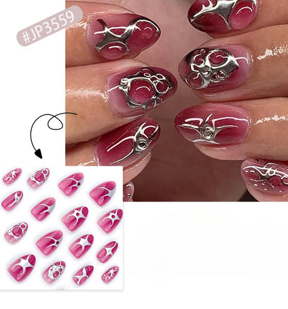 24Pcs Cyber Punk Style Almond False Nails Press on Pink Blush Full Cover Fake Nails 3D Ombre Wearable Acrylic Nail Manicure Tips