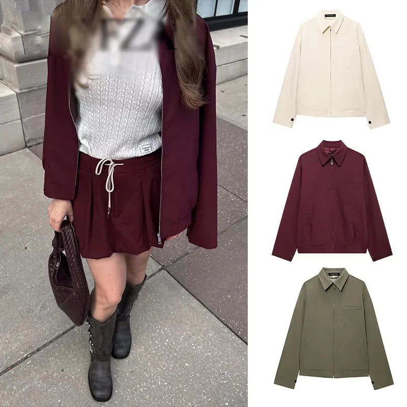 2025 Women Solid Wine Red Jacket Coat Long Sleeve Zipper Cropped Tops Female Casual Chic Tops Woman Fashion High Street