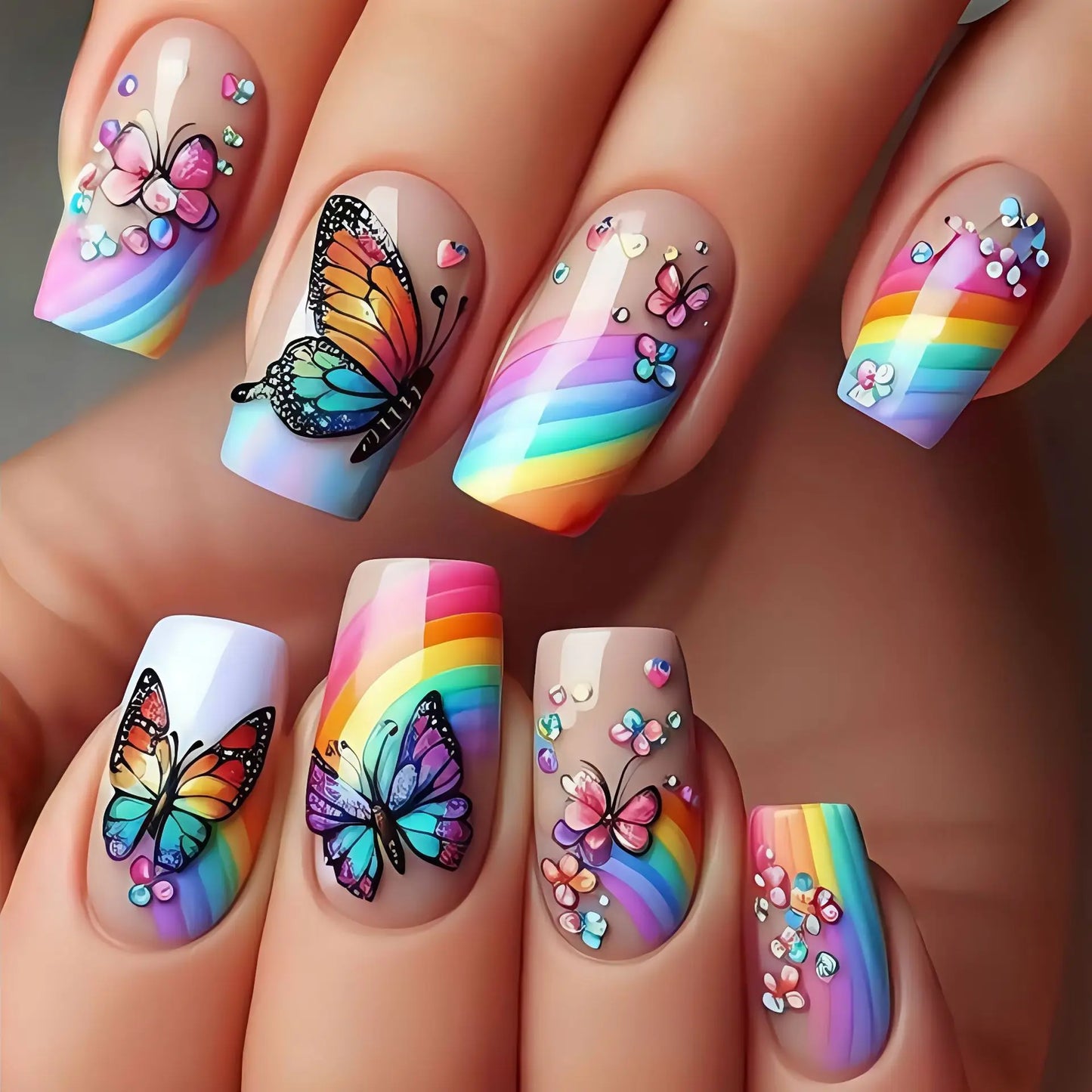 24Pcs Fashion French Fake Nails Colorful Glitter with Butterfly Patterns Medium Square False Nail Art Wearable Acrylic Nail Tips