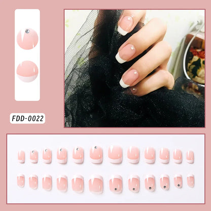 24Pcs Bow Pearl Press on Fake Nails Nude Pink Almond French Stick on False Nail Korean Sweet Girls Wearable Press on Nail + TOOL