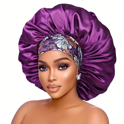 Women's Fashion Bonnet Flower Printed Hair Hat with Wide Edge Elastic Silk Smooth Satin Face for Daily Home Sleep Hat