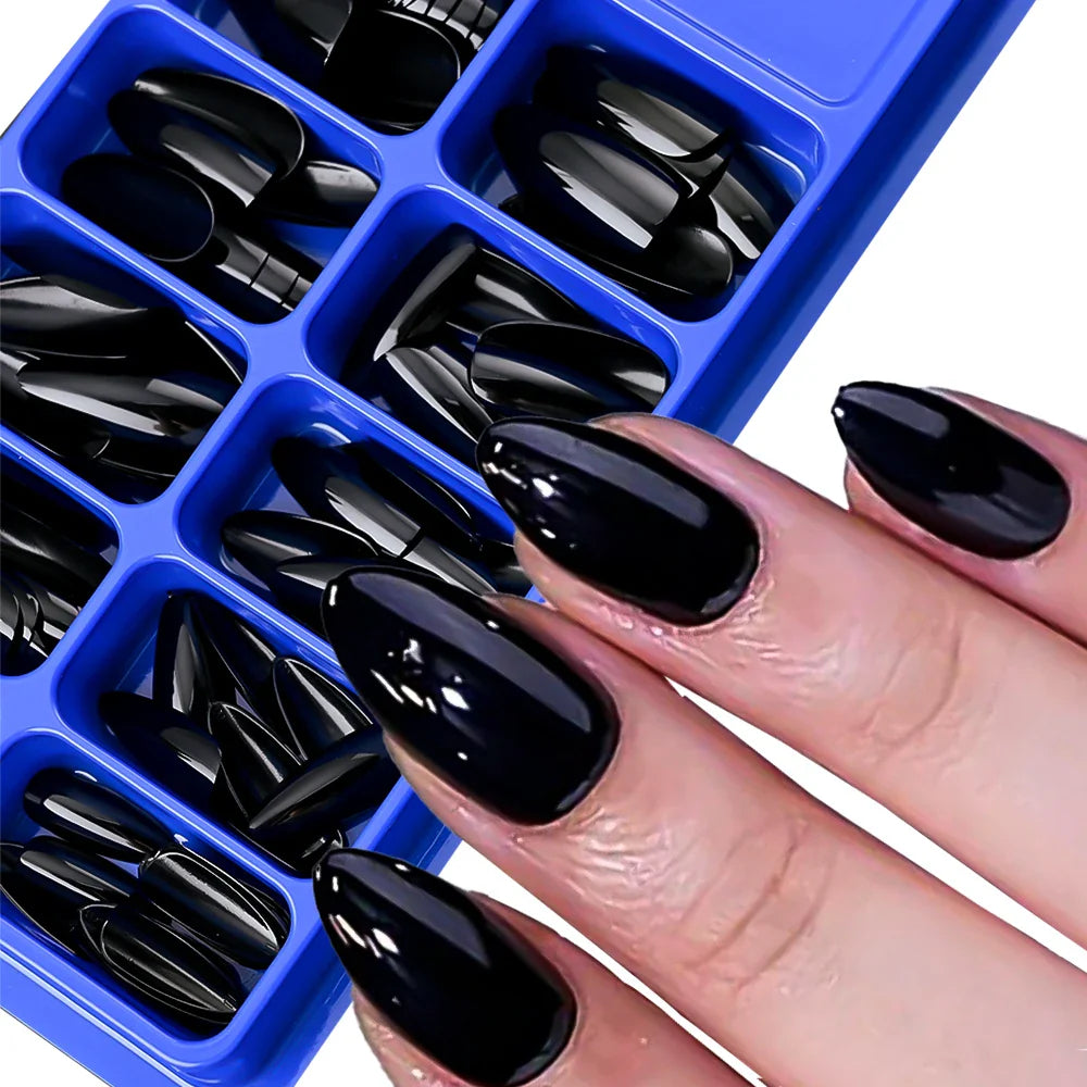 100pcs Black Almond Fake Nail Mid-length Solid Color Artificial Nail Removable Press On Nails Tip Almond Nail Art False Nail