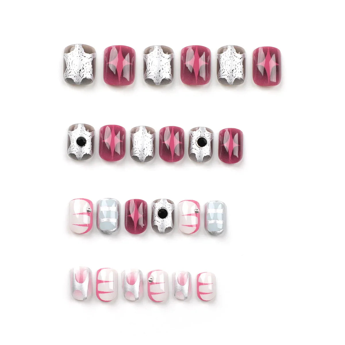 Wearable Stars Y2k Nails Press On Short Square 24pcs Fake Nails Silver Stripes False Nails Decoration Glitter Nail Tips Finished