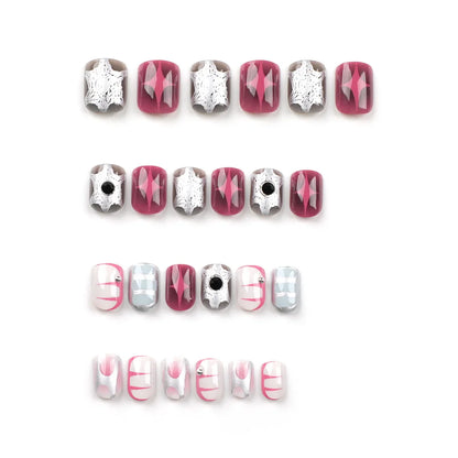 Wearable Stars Y2k Nails Press On Short Square 24pcs Fake Nails Silver Stripes False Nails Decoration Glitter Nail Tips Finished