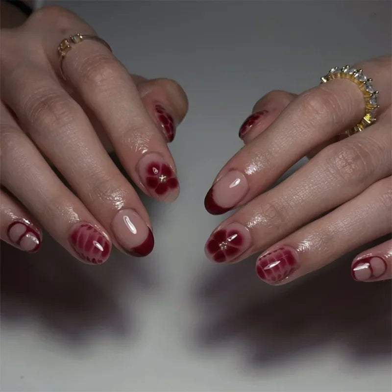 Fashion Brown Flowers Nude Color Nail Art Gold French Almond False Nails Detachable Finished Fake Nails Press on Nails with Glue