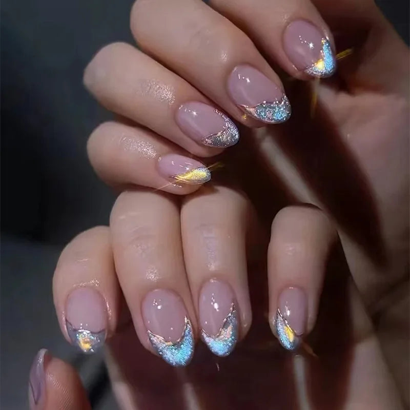 24Pcs Short Round Head Press on False Nails with White Sumdge Design Fake Nail for Woman Reusable Finished Full Cover Nails Tips