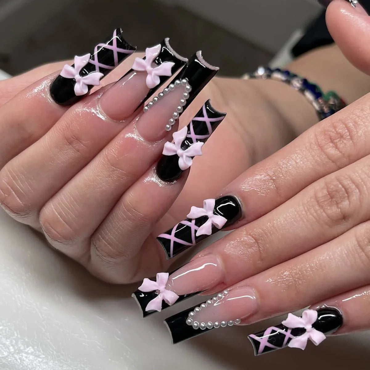 24Pcs Gold French Border False Nails Long Coffin False Nails with Rhinestones Ballerina Full Cover Nail Tips Press on Nails