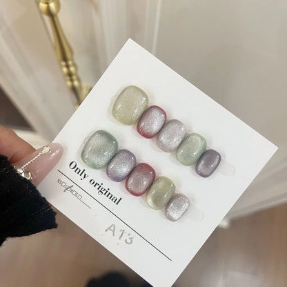 10Pcs Short Handmade Press On Nails Full Cover Flower Design Summer Colorful Rhinestone False Nails Wearable Manicure Nail Tips