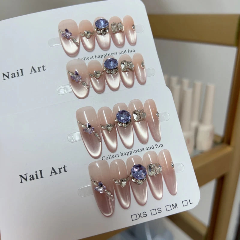 10pcs high-end Light luxury cat-eye gradient purple beveled small diamond butterfly pile diamond handmade fake nails, Simple and