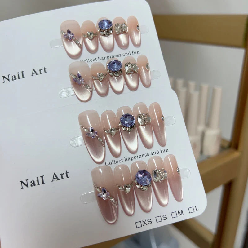 10pcs high-end Light luxury cat-eye gradient purple beveled small diamond butterfly pile diamond handmade fake nails, Simple and