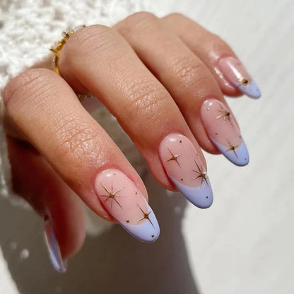 24pcs Short Almond Pink French False Nails Star Design Press on Nails Fake Nails DIY Manicure Detachable Stick-on Nail Tips