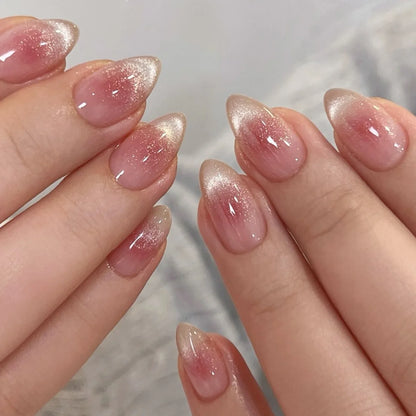 24Pcs Cat's Eye Design Fake Nail with Pearl Short Round Head Press on False Nails Silver French Bow Pattern Full Cover Nail Tips