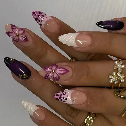 Leopard Print Ballet Fake Nails Art Almond False Nail Tip Charm Star Bowknot Flower Heart Cherry Pointed Press on Nails Manicure
