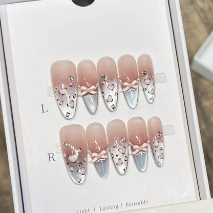 10pcs Long Almond Pink Leopard Print Flower Blush French Cat Eye Bow Resin Fake Nails for Parties Wedding DIY Manicure