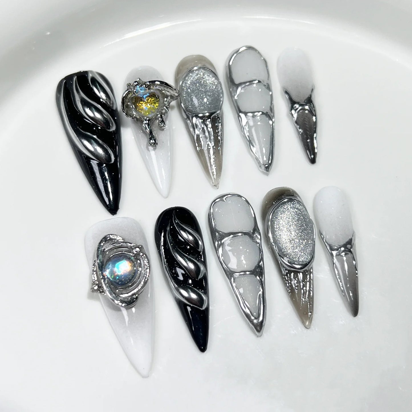 10pcs Stiletto Almond Press On Nails Dark Blue Cat Eye y2k False Nails With 3D Design Artifical Detachable Full Cover Nail Tips