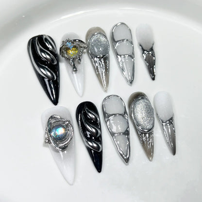 10pcs Stiletto Almond Press On Nails Dark Blue Cat Eye y2k False Nails With 3D Design Artifical Detachable Full Cover Nail Tips