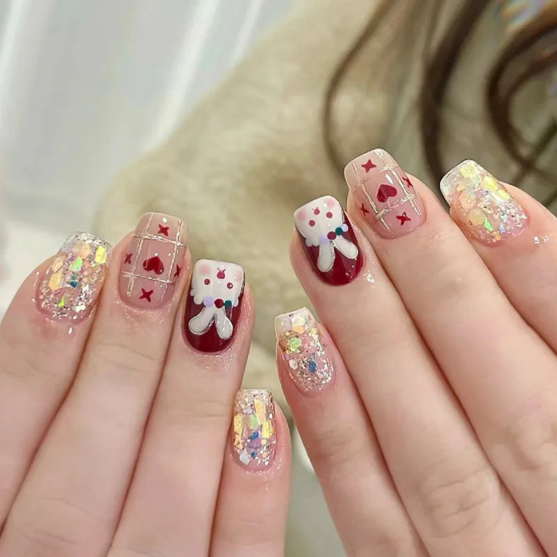 24Pcs Pink Cat Blue Love Cute Short Ballet Press on False Nails Sweet French Cat Eye Bow Star Designs Style Detachable Nails Set