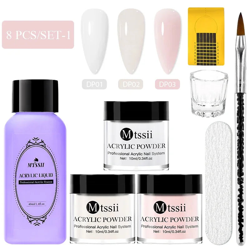 8pc MTSSII Acrylic Powder Nail System Set Clear Nude Pink Monomer Liquid Set With Nail Brush For Nails Extension Carving Flower