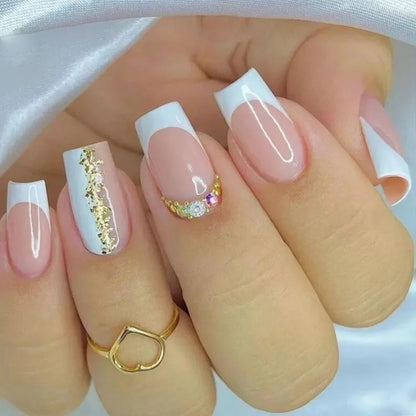 24Pcs Shiny Pearl Wearable False Nails Short Square Fake Nail Simple Summer Press on Nails Detachable Full Cover Nail Tips