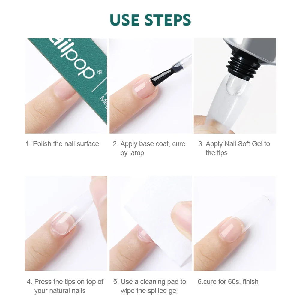Nailpop Nail Tips and Glue Gel Nail Kit Fast Nail Extension Set with Soft Gel UV Lamp 600Pcs Semi Matte Nails and Files Tools