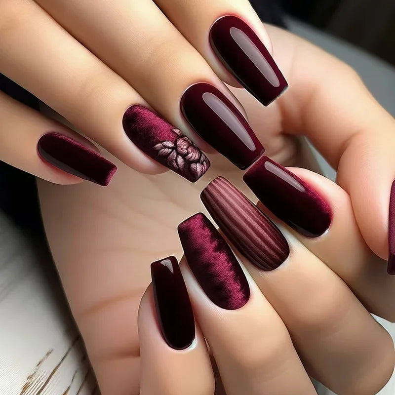 24Pcs Fashion Fake Nails Press on Long Ballet False Nails Art with Flower Design Brown Detachable Full Cover Nail Tips Manicure