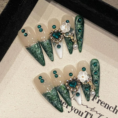 10pcs Green Long-pointed Press On Nails For Wedding Flash Gold Foil Chain Decors Luxury False Nails New Year French Fake Nail