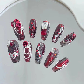 10pcs Handmade False Nails Goth Red Rose Fake Nails Black 3D Pearl Crystal Decor Press on Nails Tips Full Finished Wearable