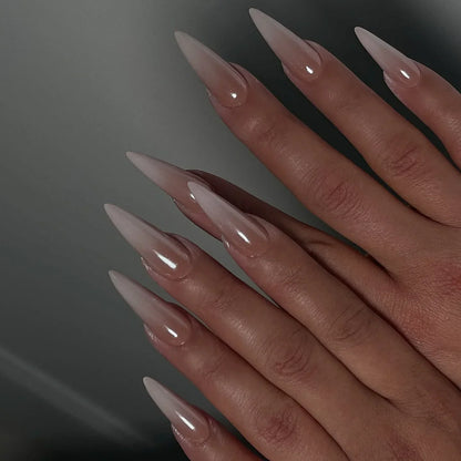 24Pcs White Gradient Press on False Nails Acrylic Stiletto Almond Fake Nail Wearable Solid Color Simple Full Cover Manicure Tips