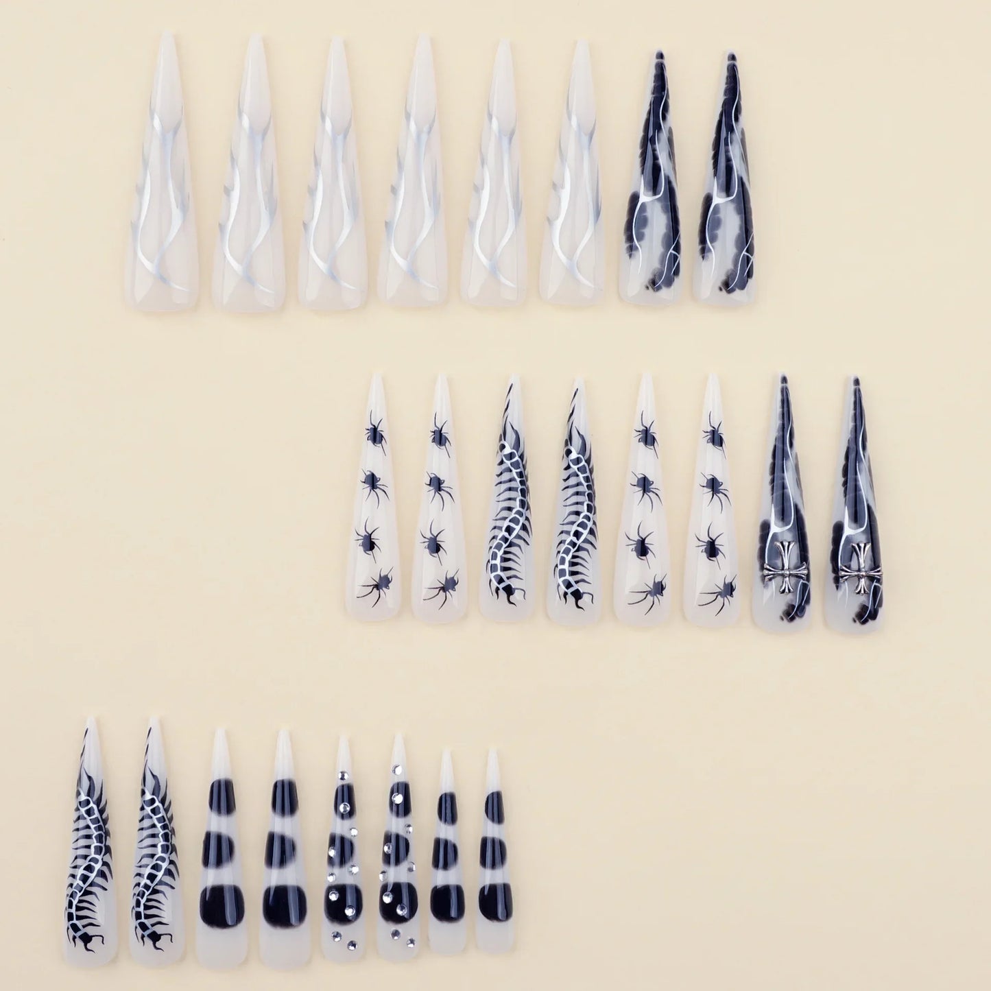 24pcs Spicy Girl Press on Nails Y2k Sliver Flame Black Spider Long Pointed False Nails European Crocodile Pattern Fake Nail Tips