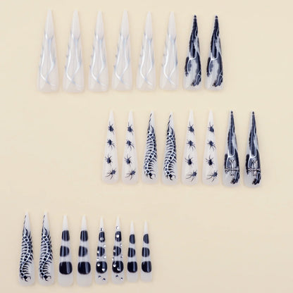 24pcs Spicy Girl Press on Nails Y2k Sliver Flame Black Spider Long Pointed False Nails European Crocodile Pattern Fake Nail Tips