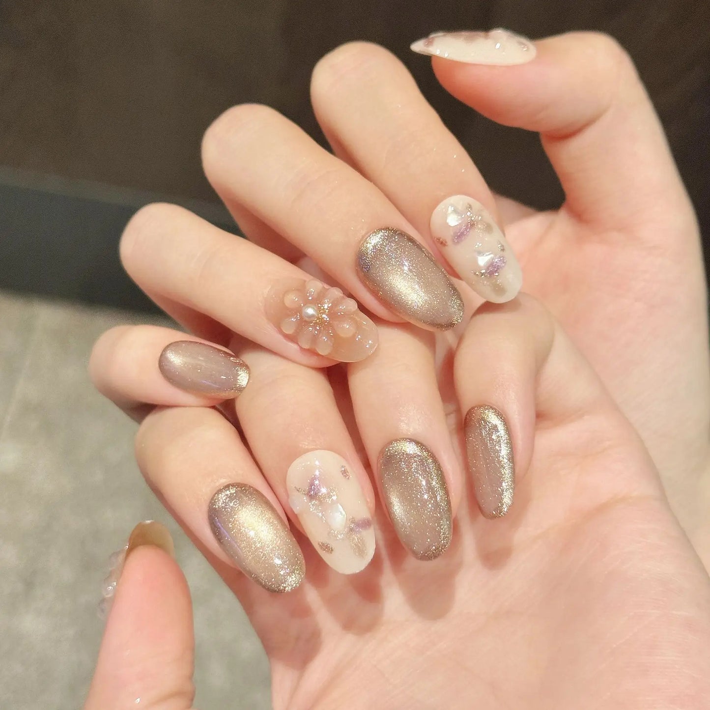 10 PCS Luxury Handmade Press on Nails Short Oval Temperament cat's eye Design with 3-PIECE Tool Adhesive Nail Glue Tabs