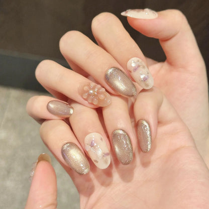10 PCS Luxury Handmade Press on Nails Short Oval Temperament cat's eye Design with 3-PIECE Tool Adhesive Nail Glue Tabs