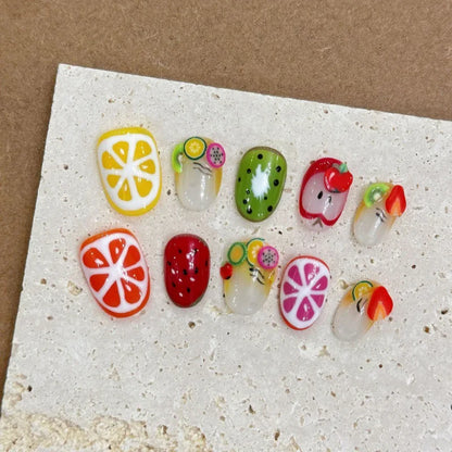 10Pcs Handmade Press on Nails Sweet Cute Fruit Full Cover Butterfly Rhinestone Short Square Ballerina Wearable Fake Nails Tips