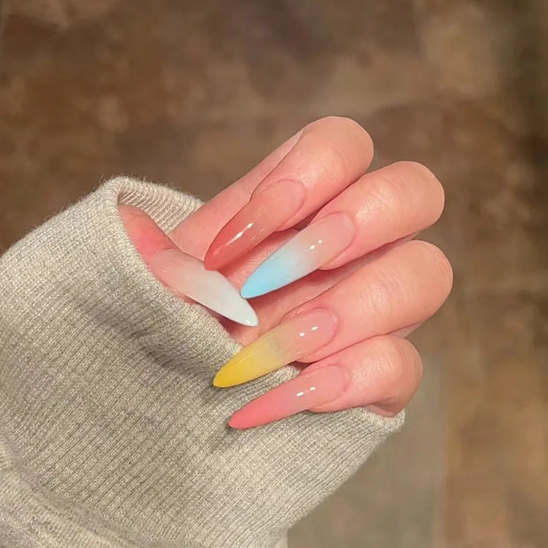 24Pcs Solid Color Grey Almond Fake Nail Cat's Eye Design Wearable Round Head False Nails with Shiny Powder Press on Nails