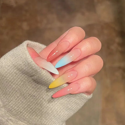 24Pcs Solid Color Grey Almond Fake Nail Cat's Eye Design Wearable Round Head False Nails with Shiny Powder Press on Nails